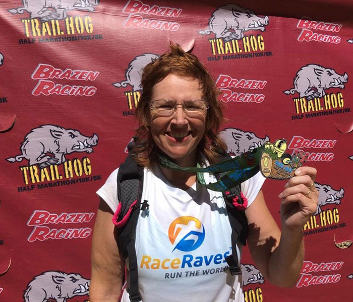 Barbara Rausch repping RaceRaves at Brazen Racing's Trail Hog Half Marathon
