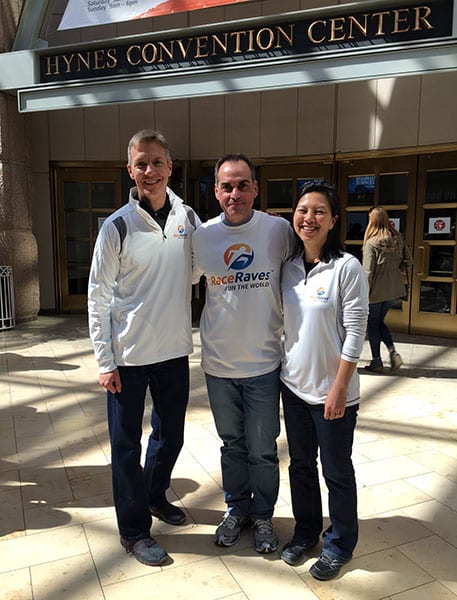Mike Sohaskey, Katie Ho and Didier Cazala at the Boston Marathon