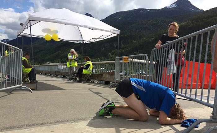 Exhausted finisher at Skagway Marathon finish line