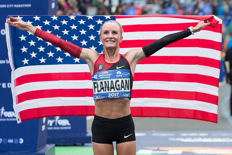 Shalane Flanagan celebrates her victory at the 2017 TCS New York City Marathon