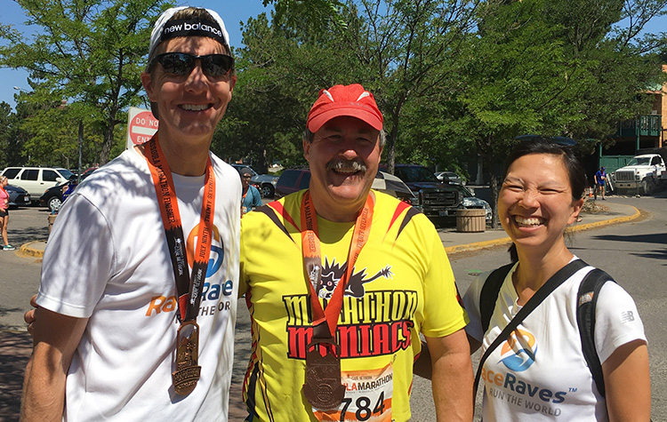Tim Mullican with Mike Sohaskey and Katie Ho from RaceRaves at the 2017 Missoula Marathon