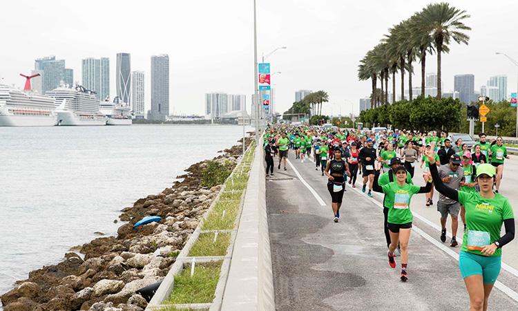 Runners on the MacArthur Causeway at the Miami Marathon