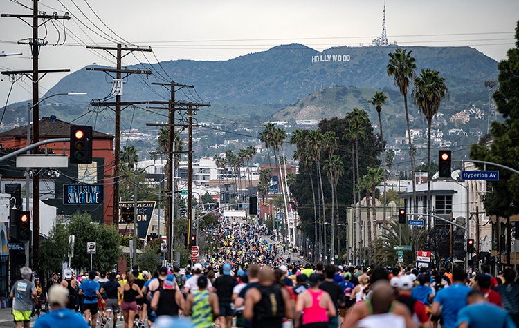 Runners on Sunset Blvd during the 2023 Los Angeles Marathon