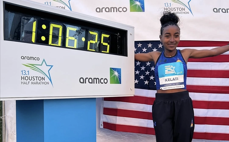 Weini Kelati sets the American half marathon record at the 2024 Aramco Houston Half Marathon